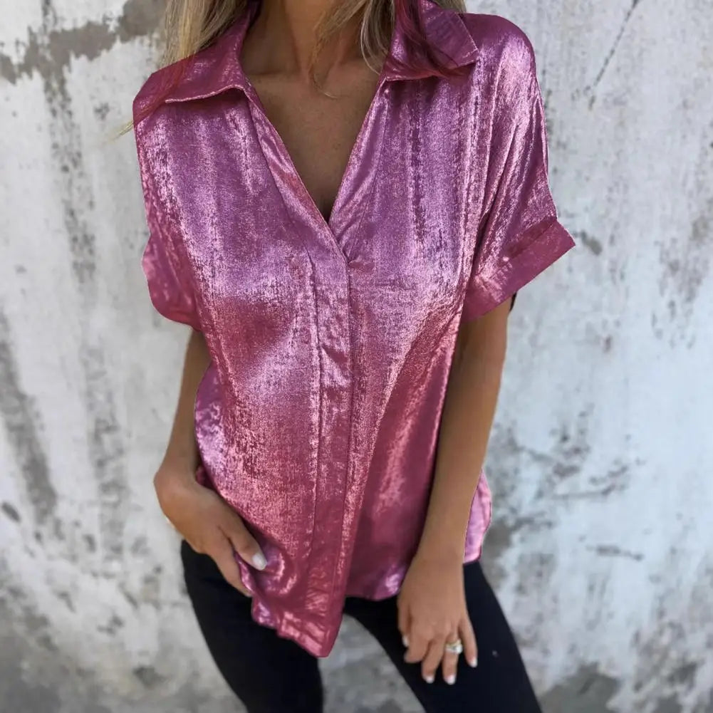 Bronzed V-Neck Short-Sleeve Blouse