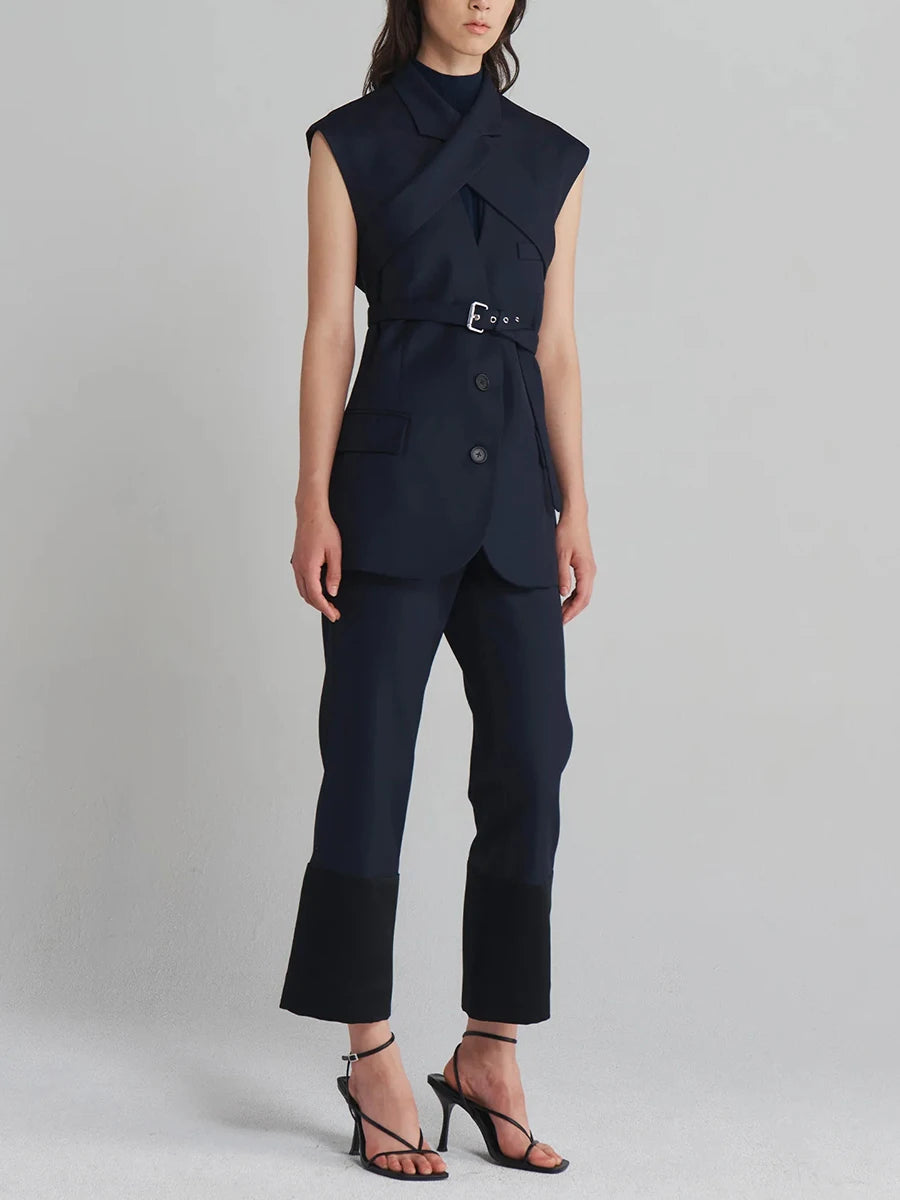 Belted Lapel Sleeveless Waistcoat
