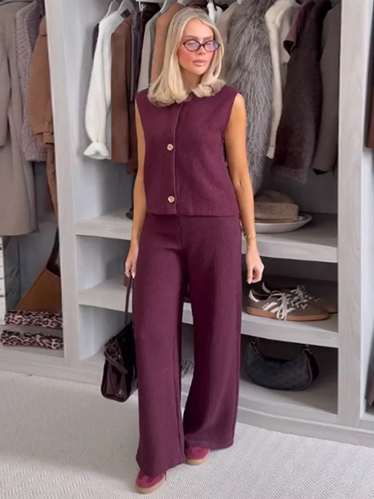 Knit Sleeveless Vest & Wide-Leg Trousers Set