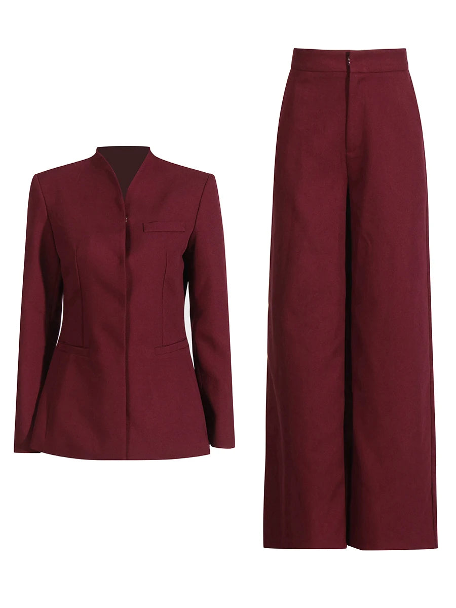 Stand Collar Top & Wide-Leg Trousers Set