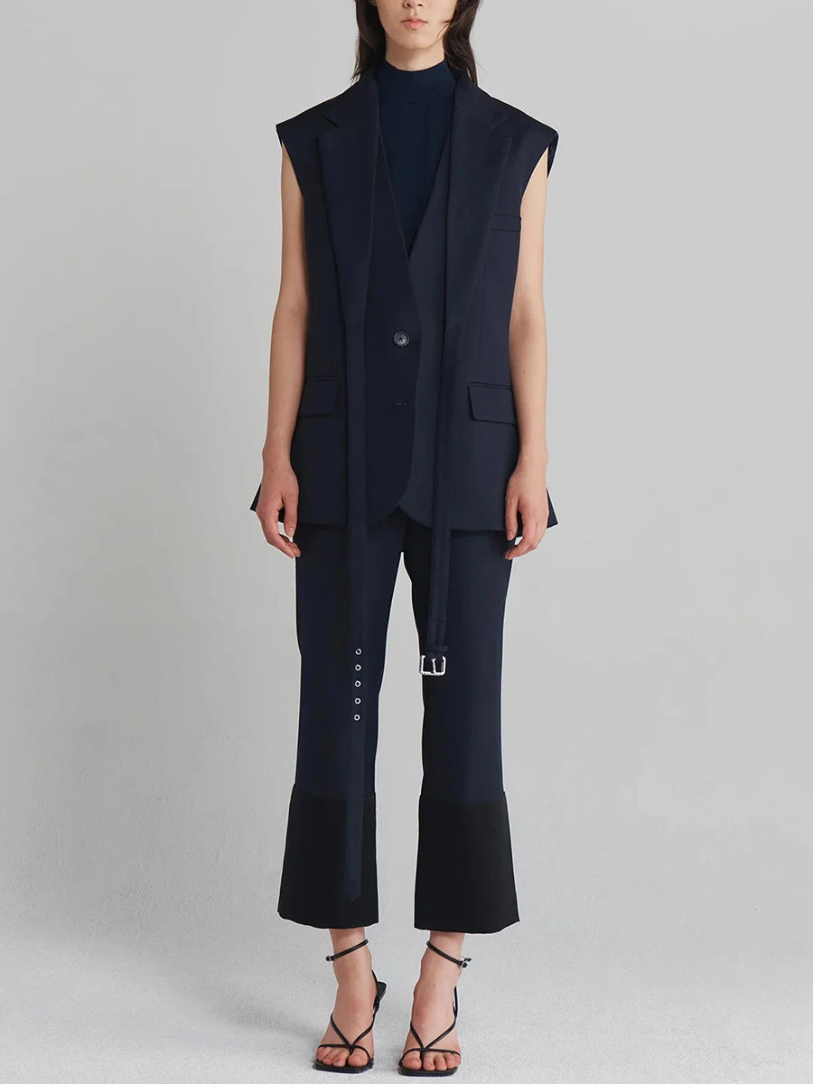 Belted Lapel Sleeveless Waistcoat