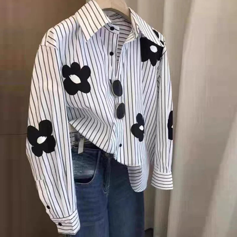 Floral Stripe Puff-Sleeve Blouse