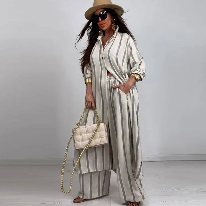 Striped Shirt & Wide-Leg Trousers Set