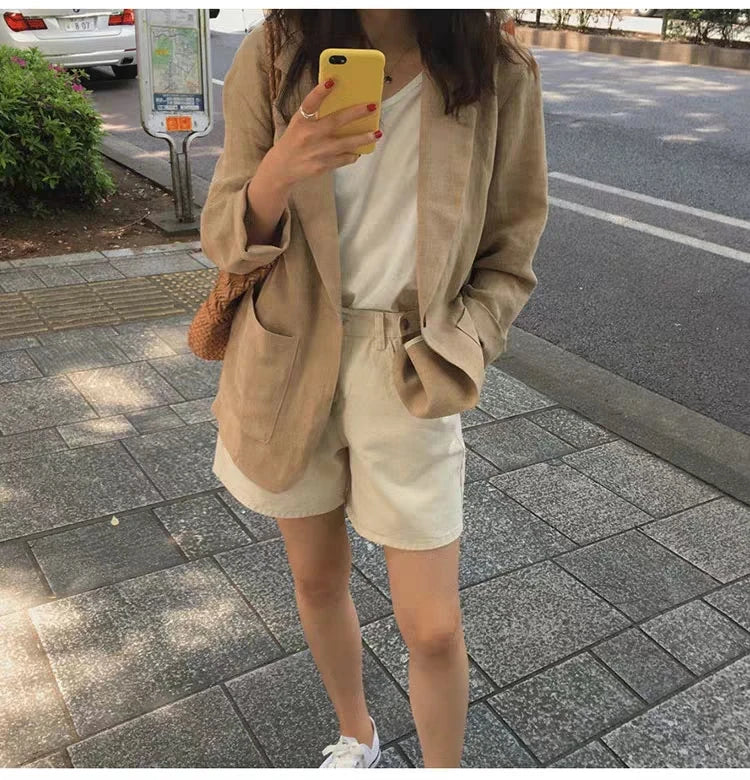 Notch Lapel Cotton Linen Casual Blazer