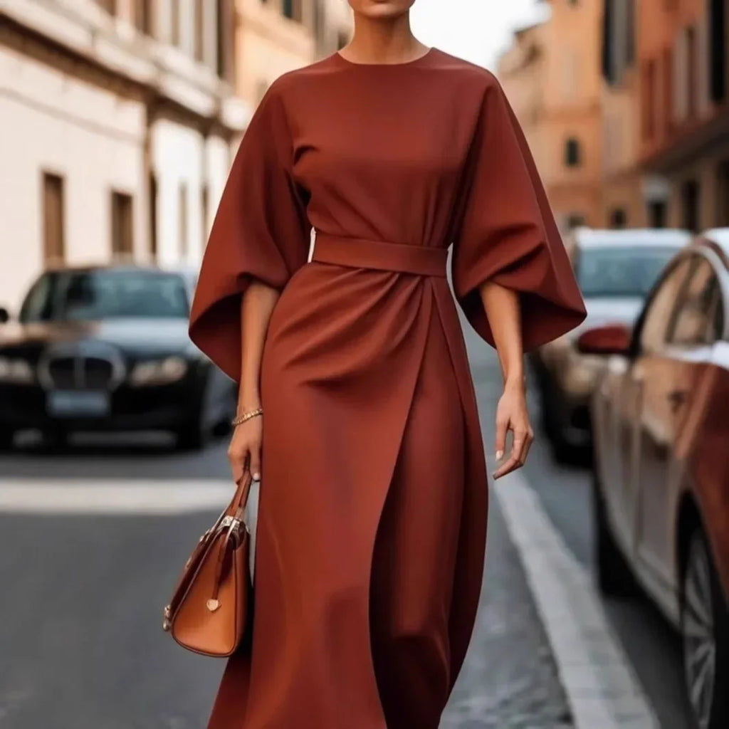 Batwing Sleeve Waist-Cinching Maxi Dress