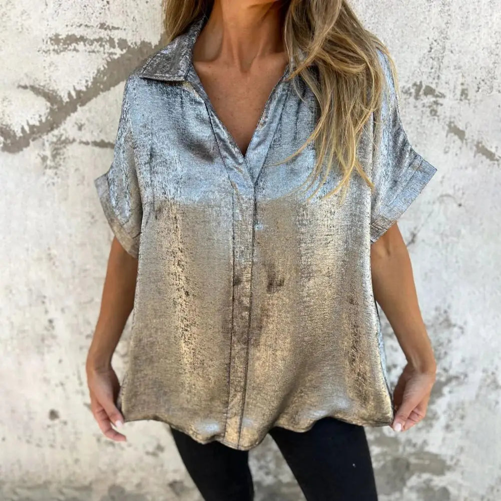 Bronzed V-Neck Short-Sleeve Blouse