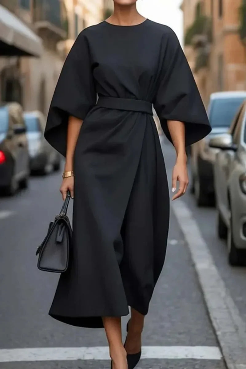 Batwing Sleeve Waist-Cinching Maxi Dress