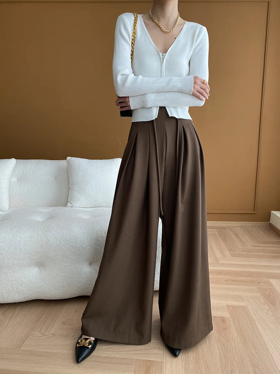 Drawstring High-Waist Wide-Leg Trousers