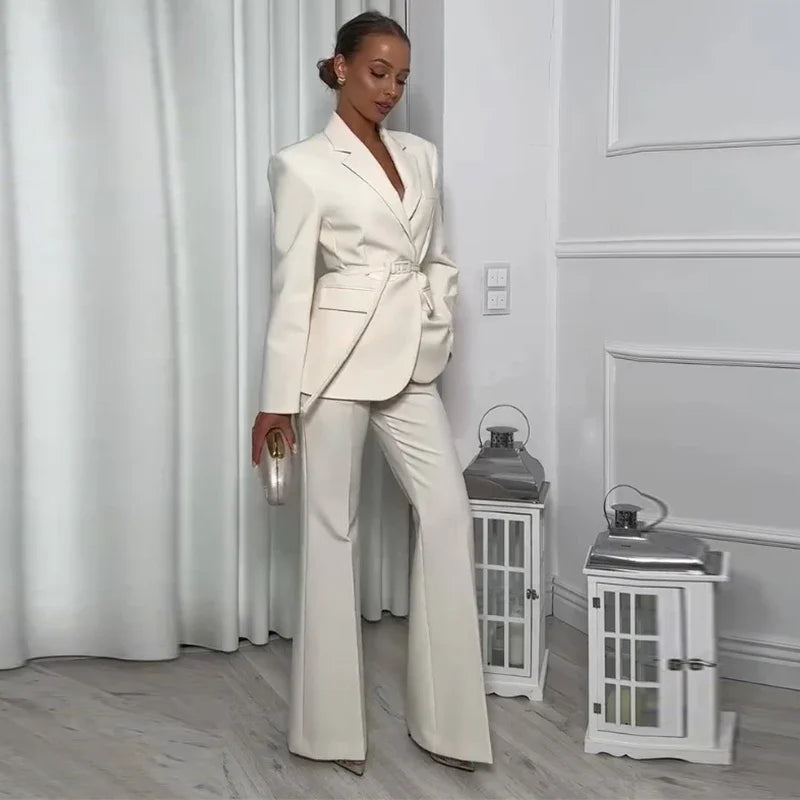 Belted Blazer & Wide-Leg Flare Trousers Set