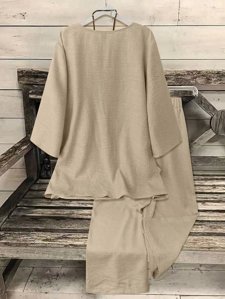 V-Neck Button Top & Straight Pants Set