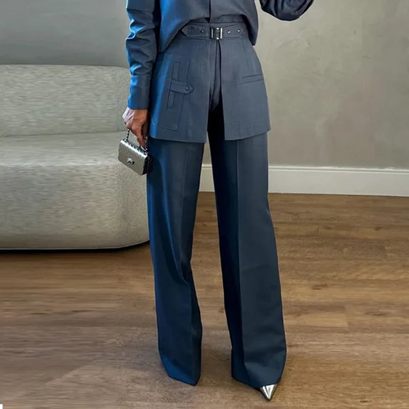 Buckle Lapel Top & Straight Trousers Set