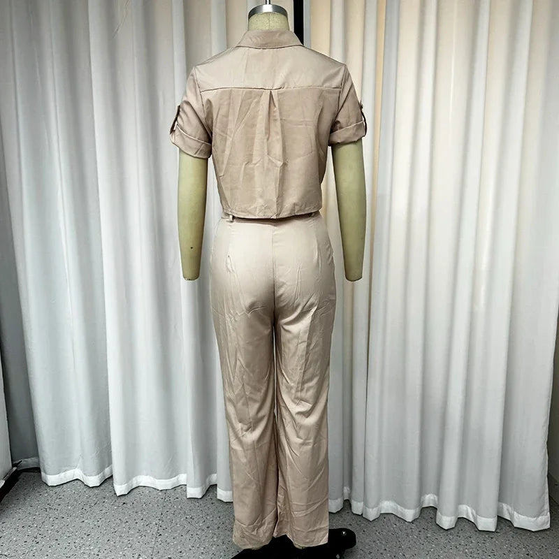 Belted Lapel Short-Sleeve Top & Wide-Leg Trousers Set