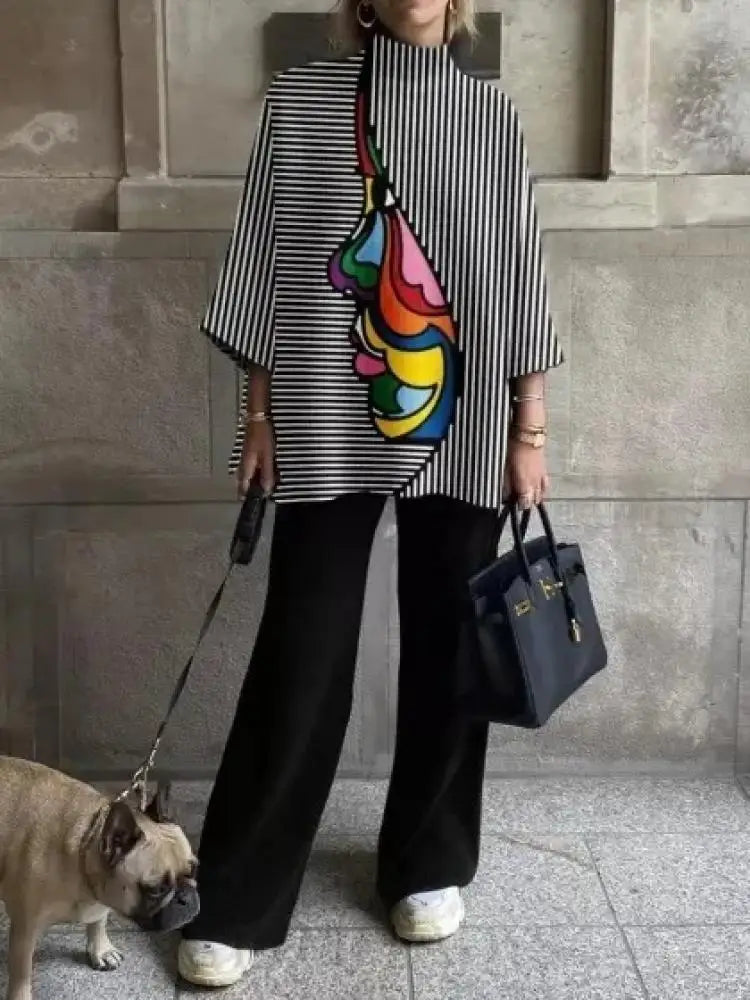 Striped Stand Collar T-Shirt
