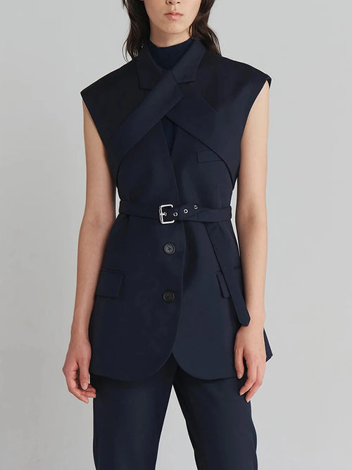 Belted Lapel Sleeveless Waistcoat