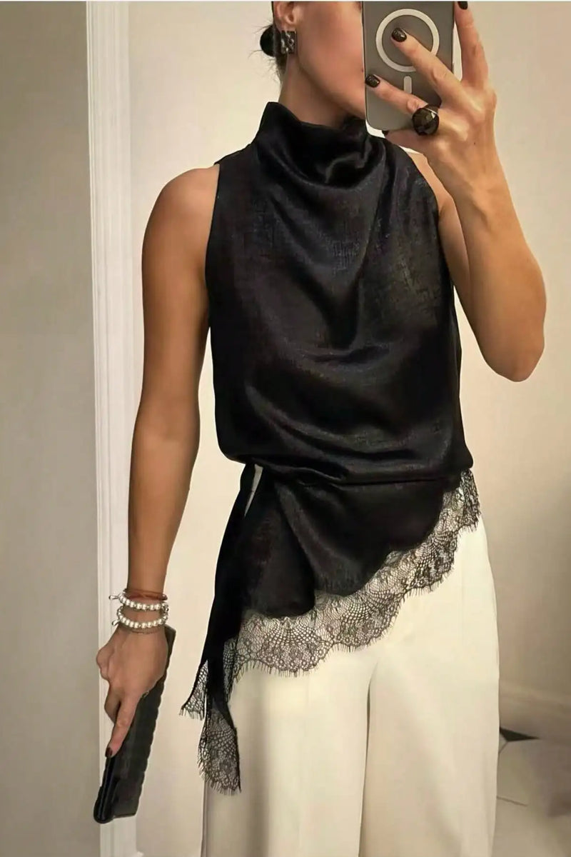 Satin High Neck Lace Trim Sleeveless Top