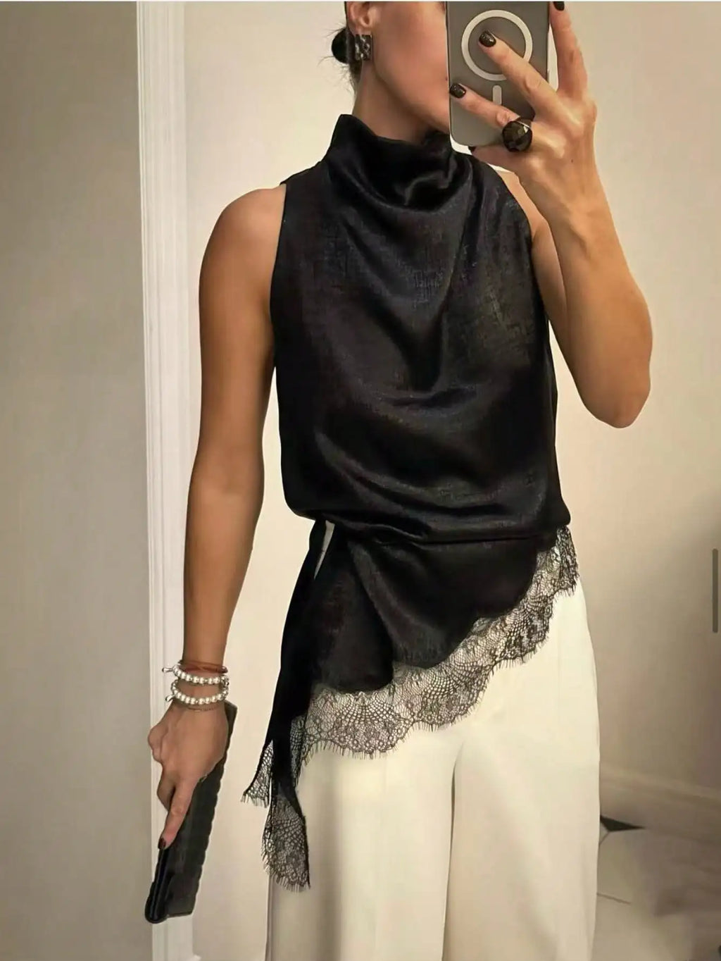 Satin High Neck Lace Trim Sleeveless Top