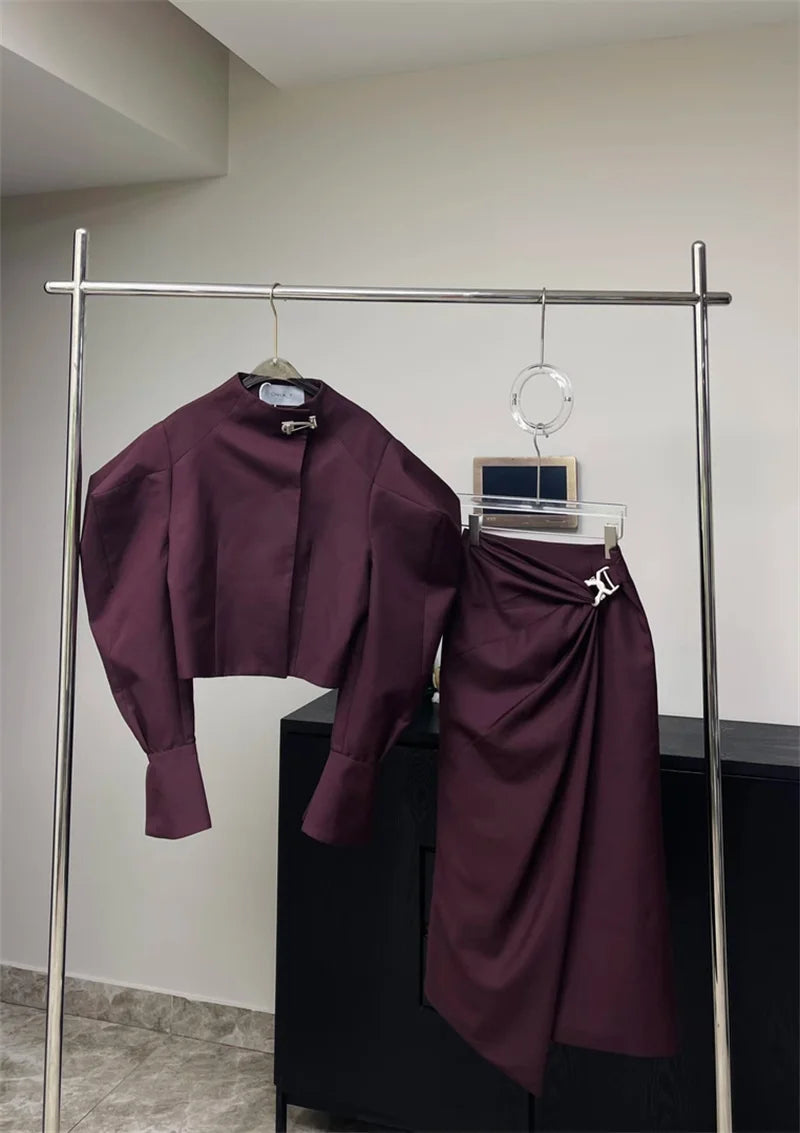 Puff Sleeve Jacket & Pleated Midi Skirt Set