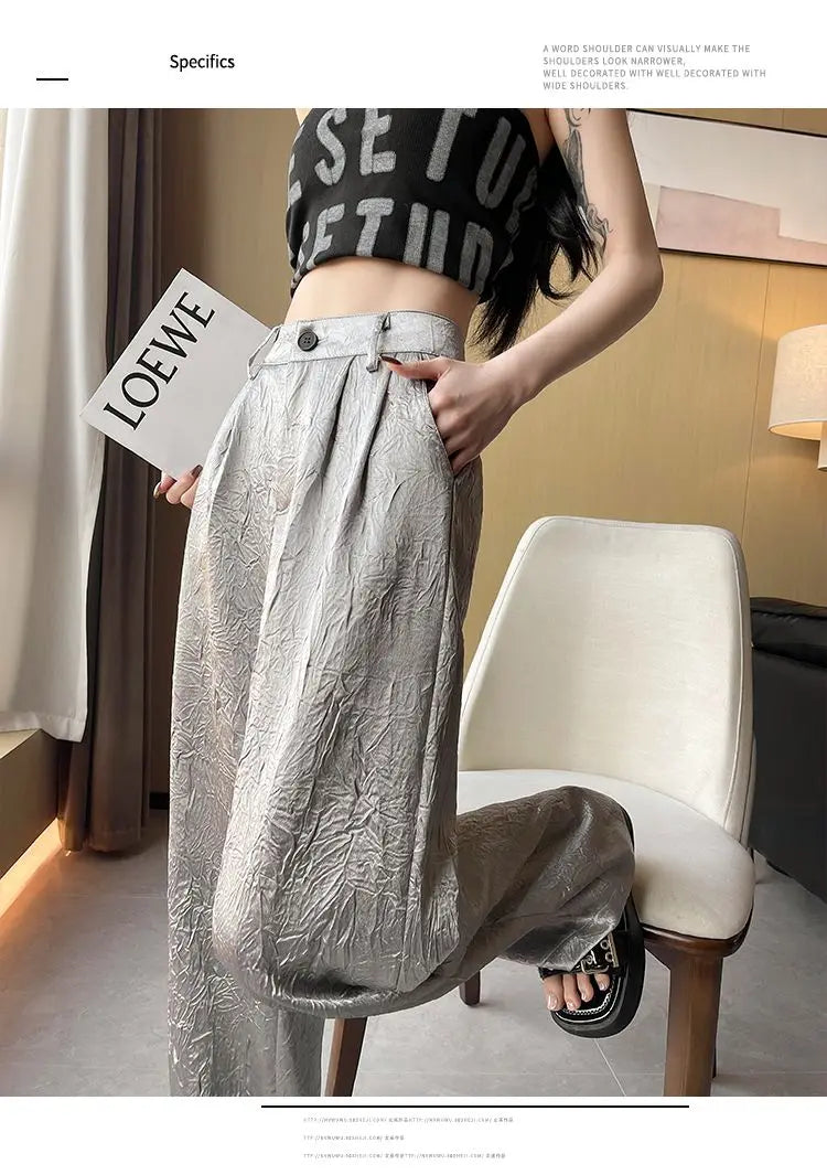 Silver Textured High-Waist Wide-Leg Trousers