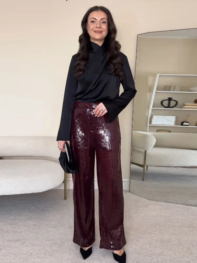 Sequin High-Waist Wide-Leg Trousers