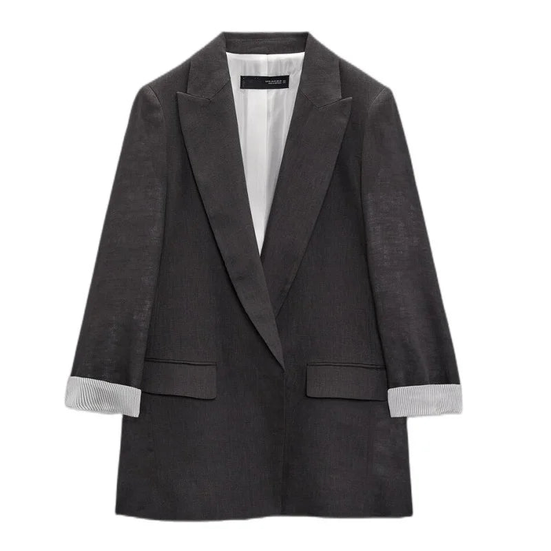Printed Sleeve Open-Front Linen Blazer