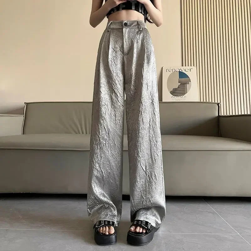 Silver Textured High-Waist Wide-Leg Trousers