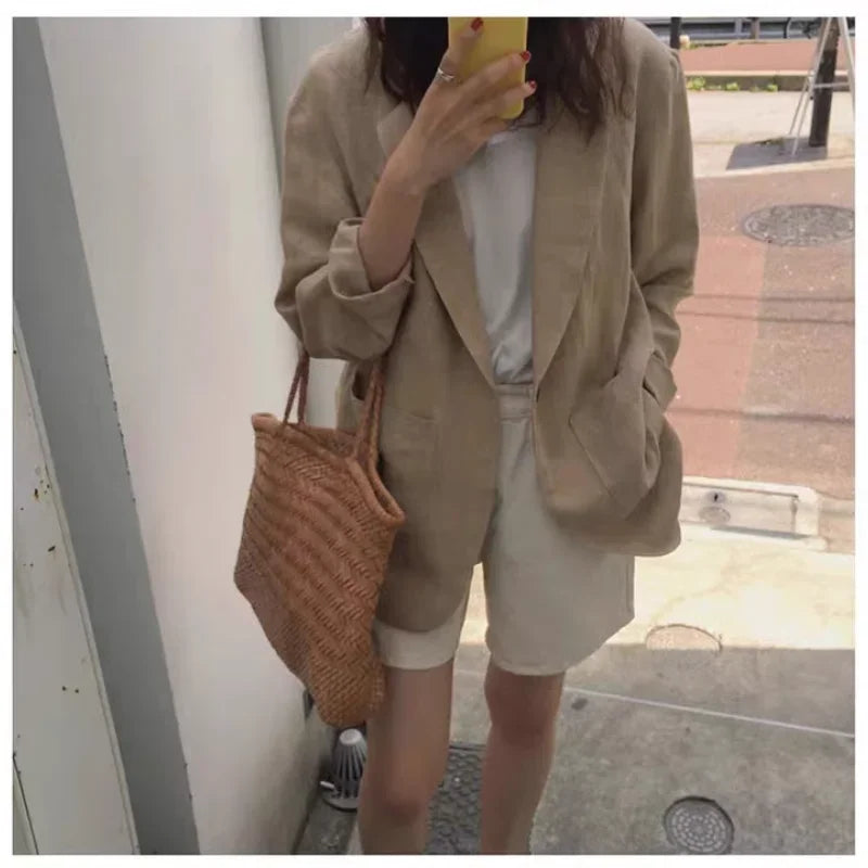 Notch Lapel Cotton Linen Casual Blazer