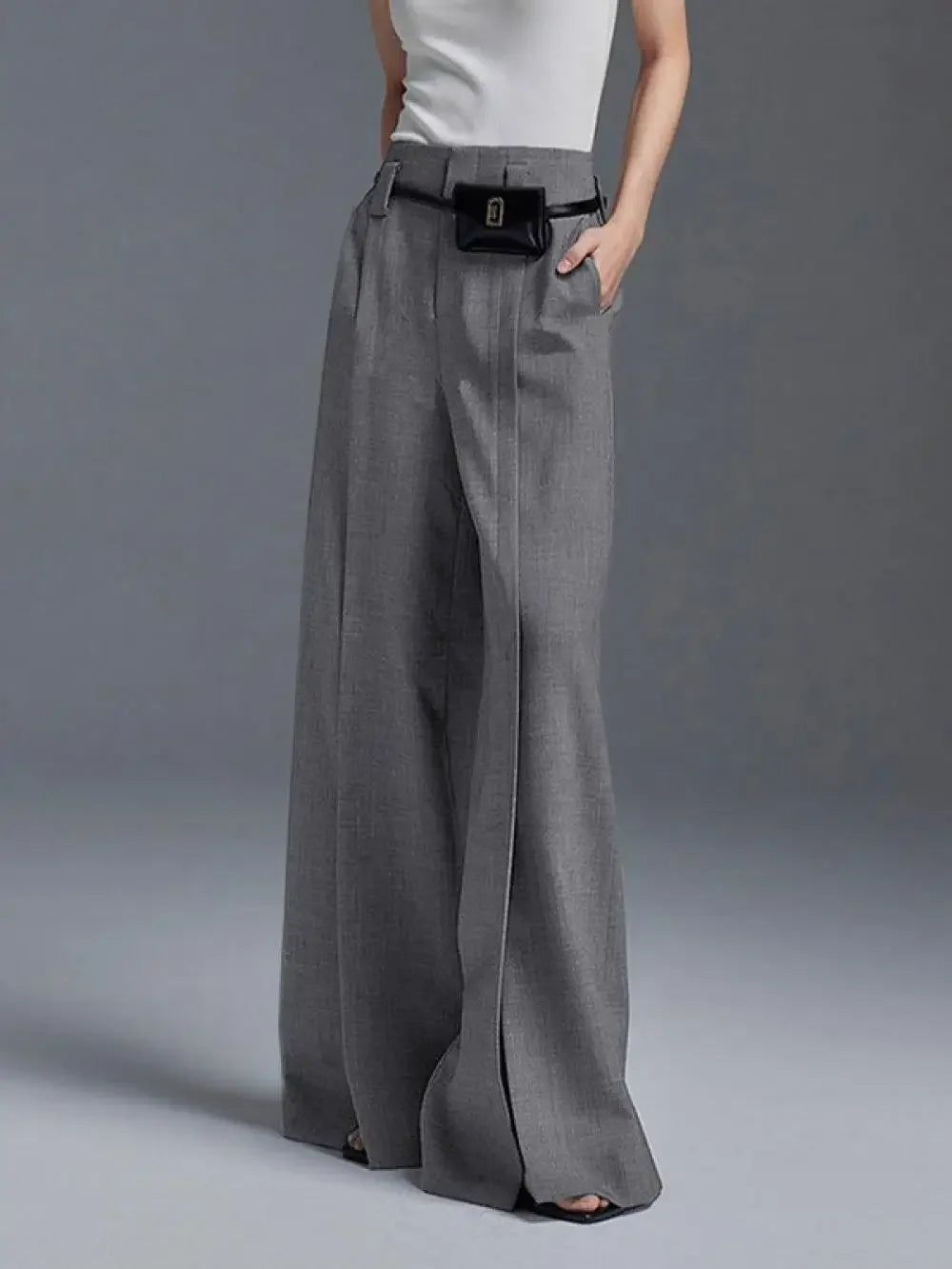 High-Waist Pleated Split-Front Wide-Leg Trousers