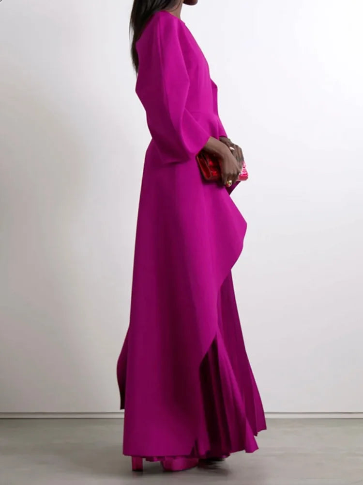 Tiered Pleated Long-Sleeve Maxi Dress