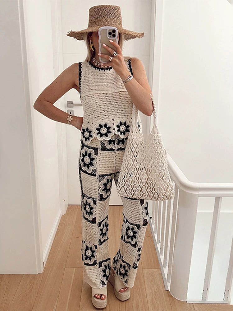 Crochet Hollow-Out Vest & Straight-Leg Trousers Set