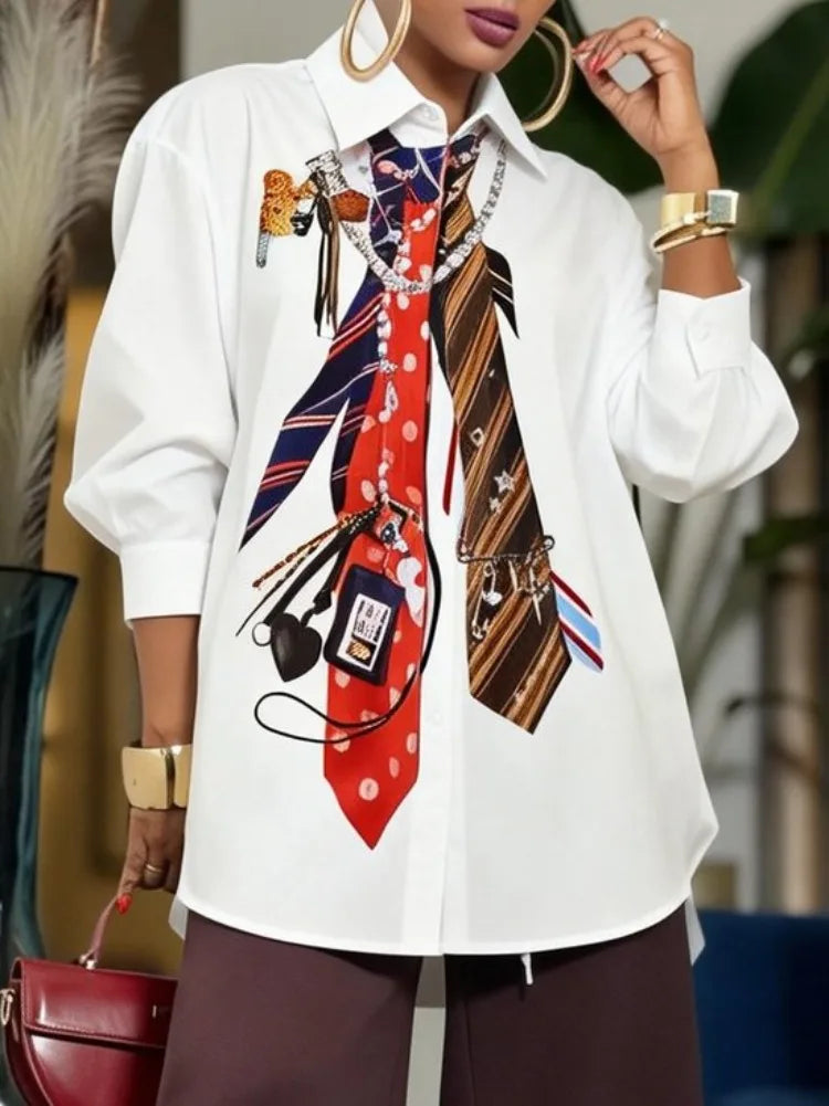 Tie-Print Puff Sleeve Asymmetric Blouse