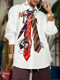 Tie-Print Puff Sleeve Asymmetric Blouse