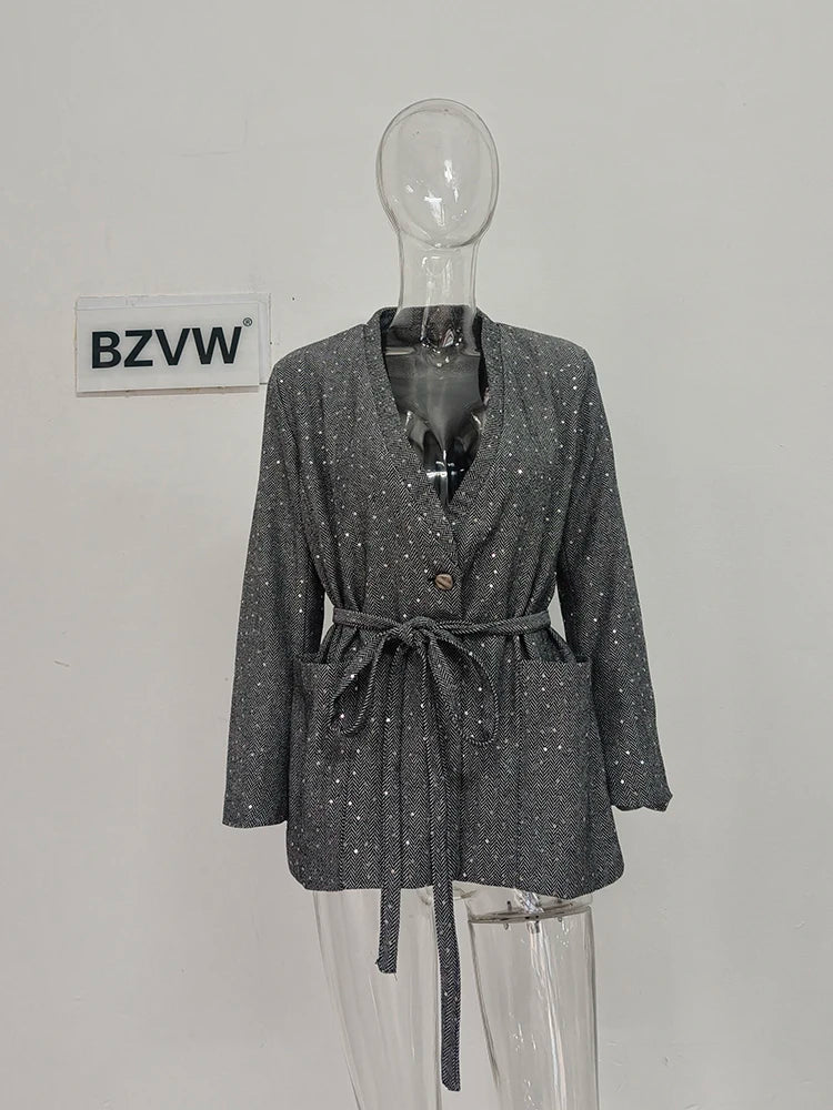V-Neck Gathered Blazer & Wide-Leg Trousers Set