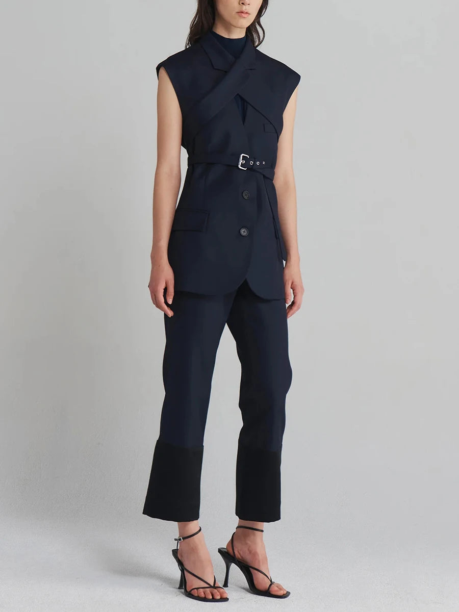 Belted Lapel Sleeveless Waistcoat