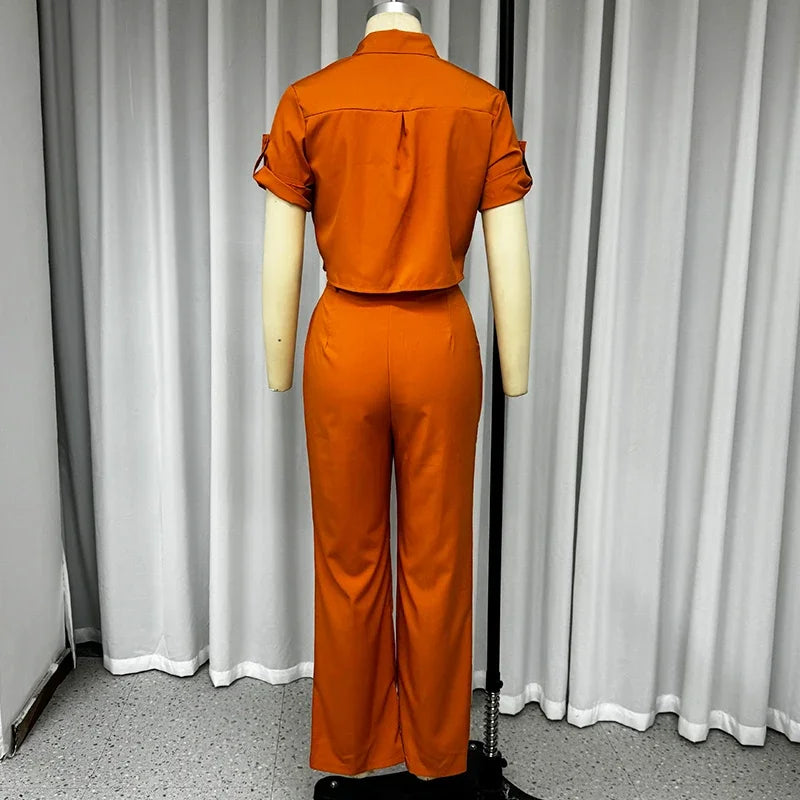 Belted Lapel Short-Sleeve Top & Wide-Leg Trousers Set