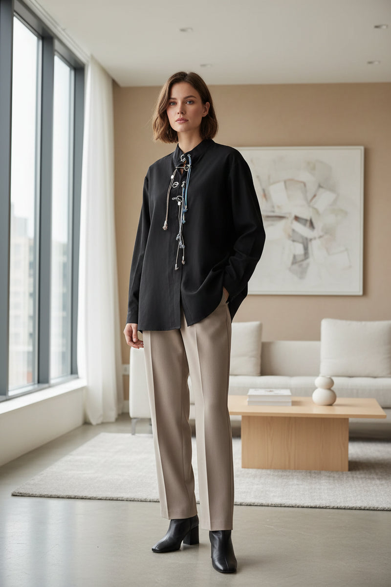 Bandage Stand Collar Oversized Blouse