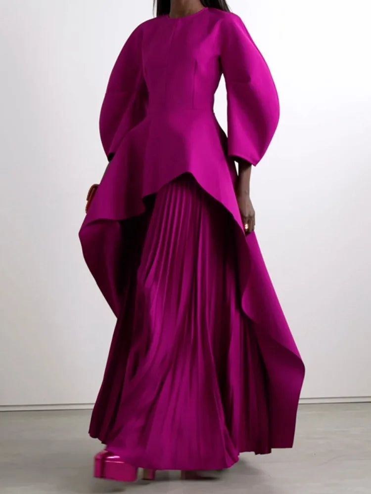 Tiered Pleated Long-Sleeve Maxi Dress