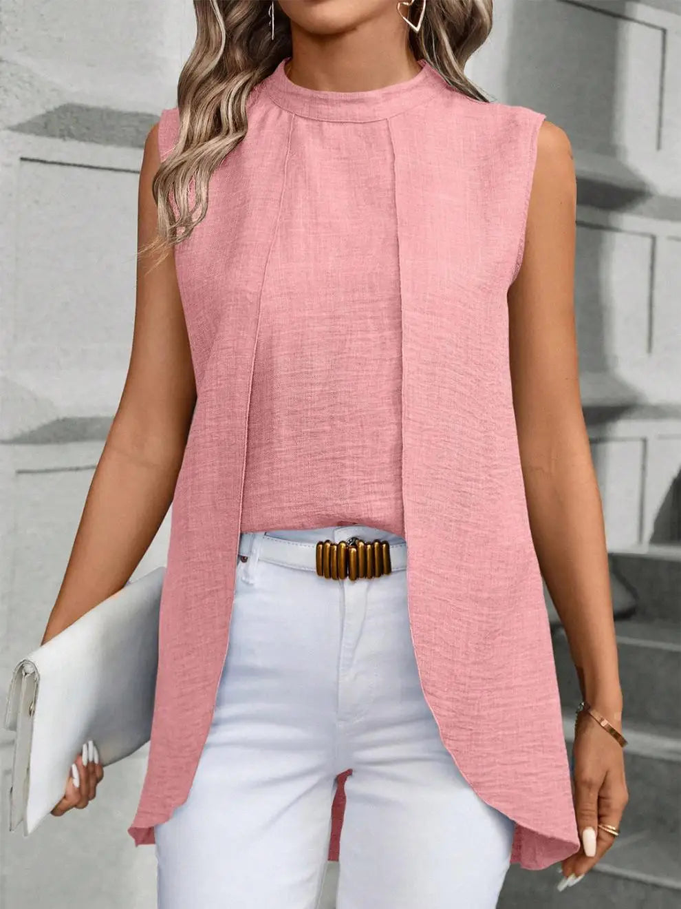 Layered-Look Sleeveless Solid Blouse
