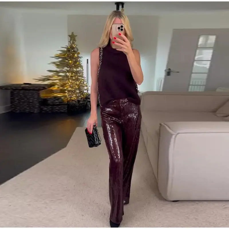 Sequin High-Waist Wide-Leg Trousers