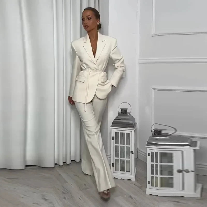 Belted Blazer & Wide-Leg Flare Trousers Set