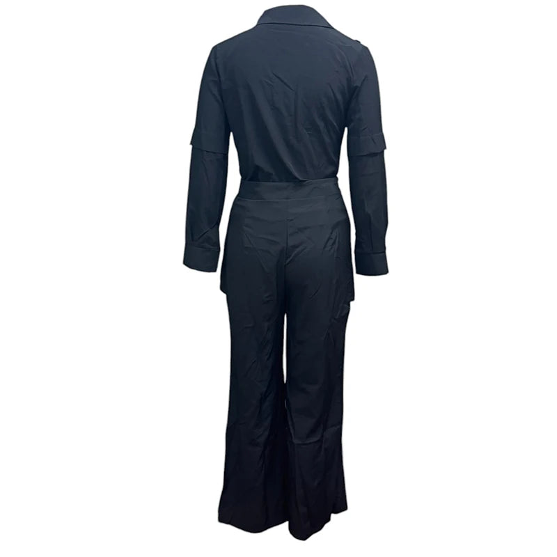 Buckle Lapel Top & Straight Trousers Set