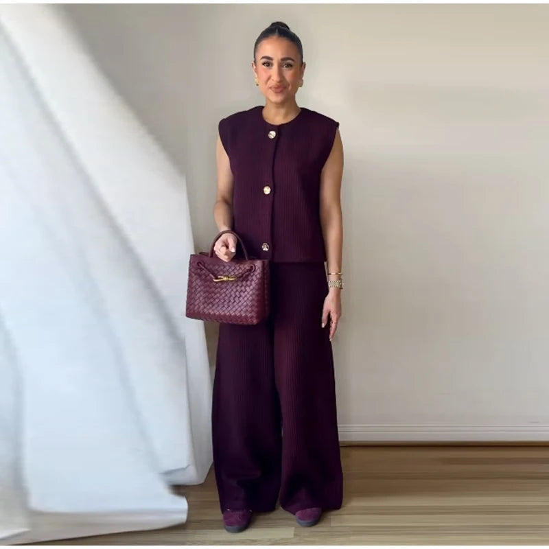 Knit Sleeveless Vest & Wide-Leg Trousers Set