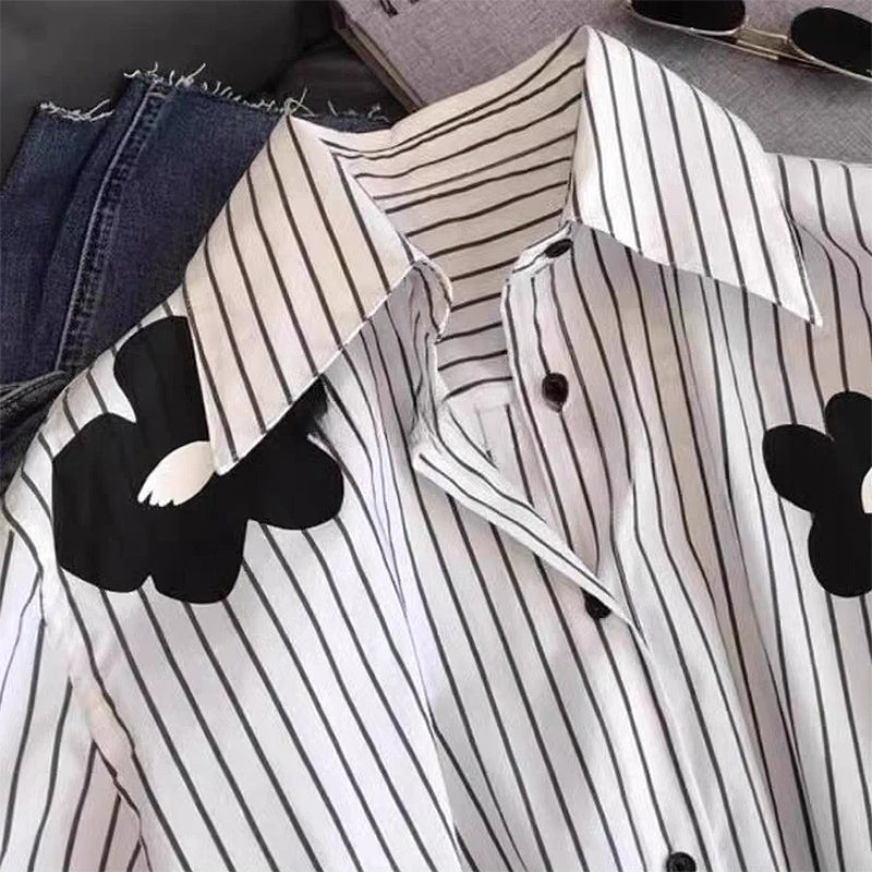 Floral Stripe Puff-Sleeve Blouse
