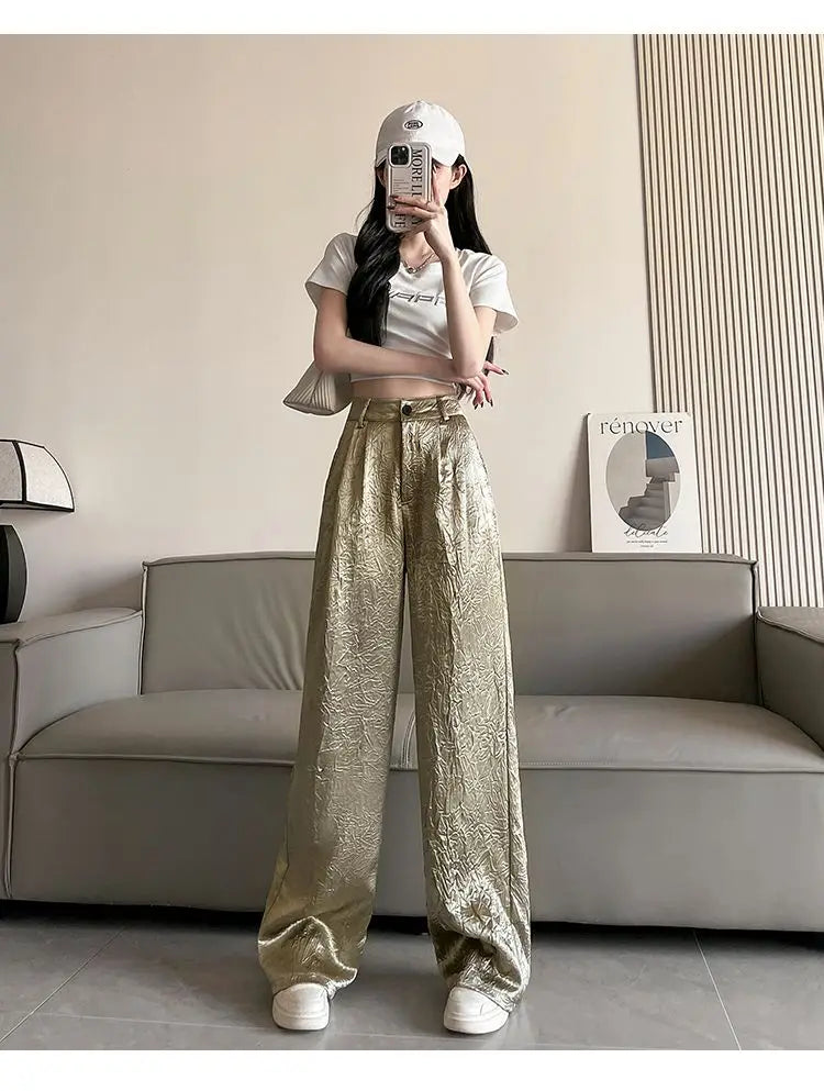 Silver Textured High-Waist Wide-Leg Trousers
