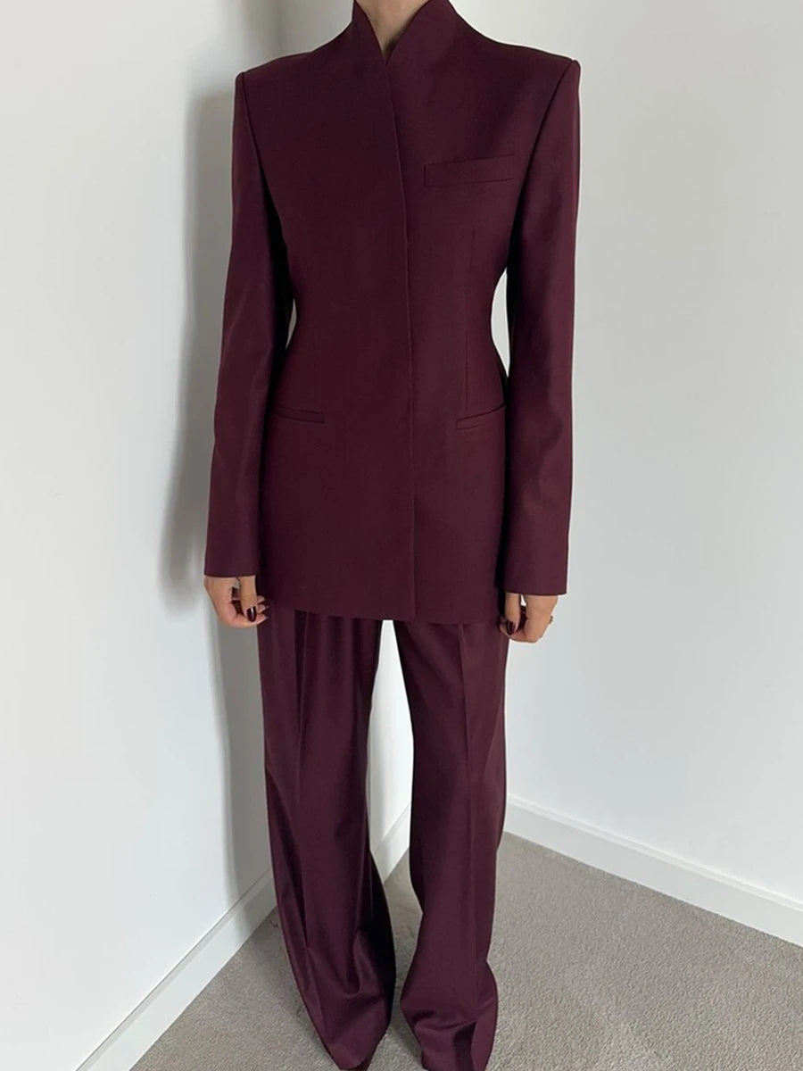 Stand Collar Top & Wide-Leg Trousers Set