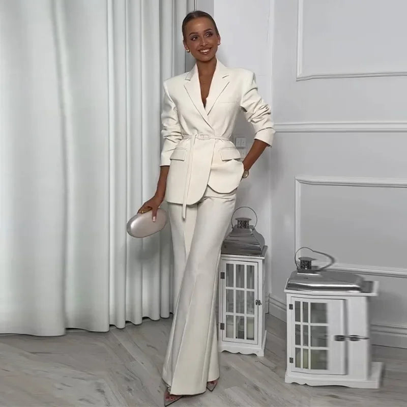 Belted Blazer & Wide-Leg Flare Trousers Set