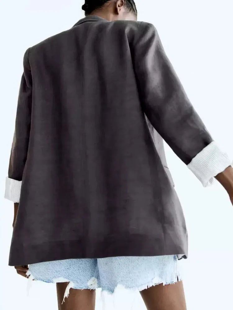 Printed Sleeve Open-Front Linen Blazer