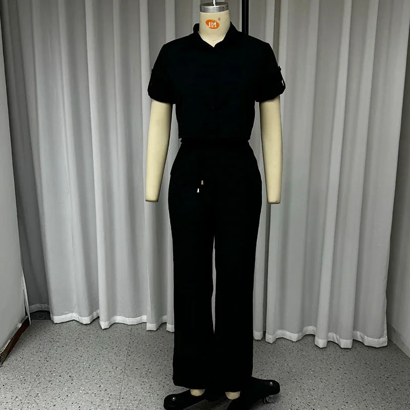 Belted Lapel Short-Sleeve Top & Wide-Leg Trousers Set