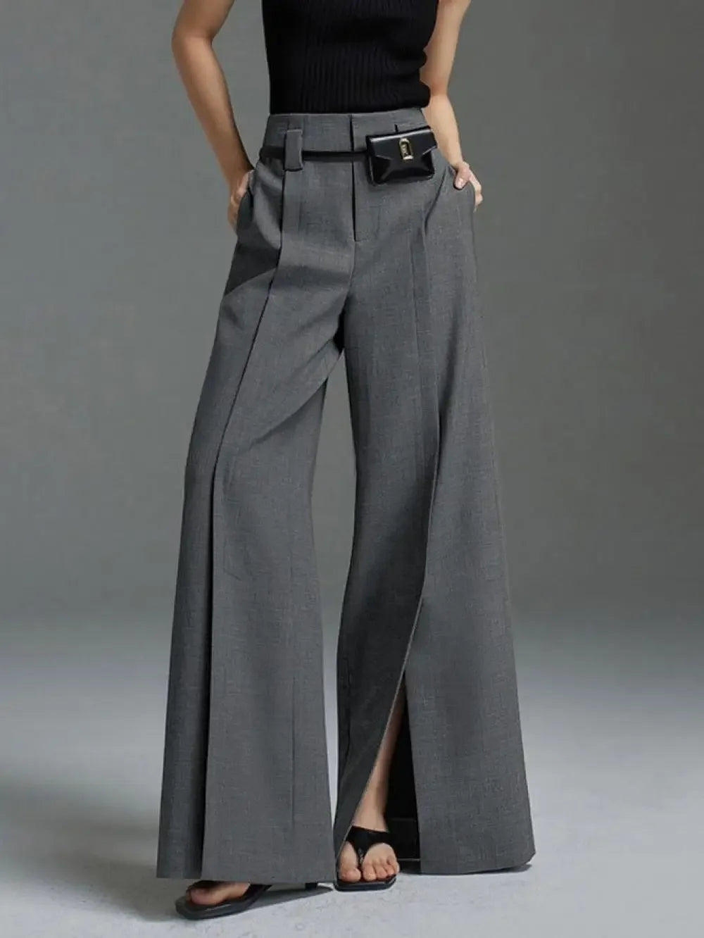 High-Waist Pleated Split-Front Wide-Leg Trousers