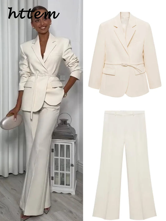 Belted Blazer & Wide-Leg Flare Trousers Set