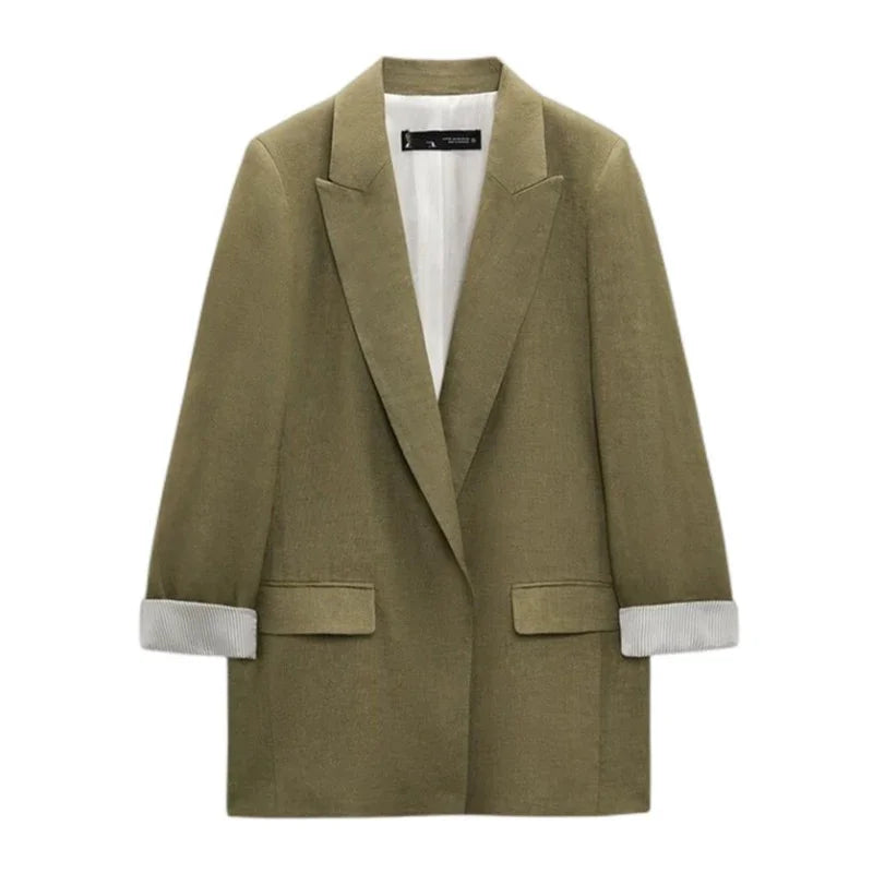 Printed Sleeve Open-Front Linen Blazer